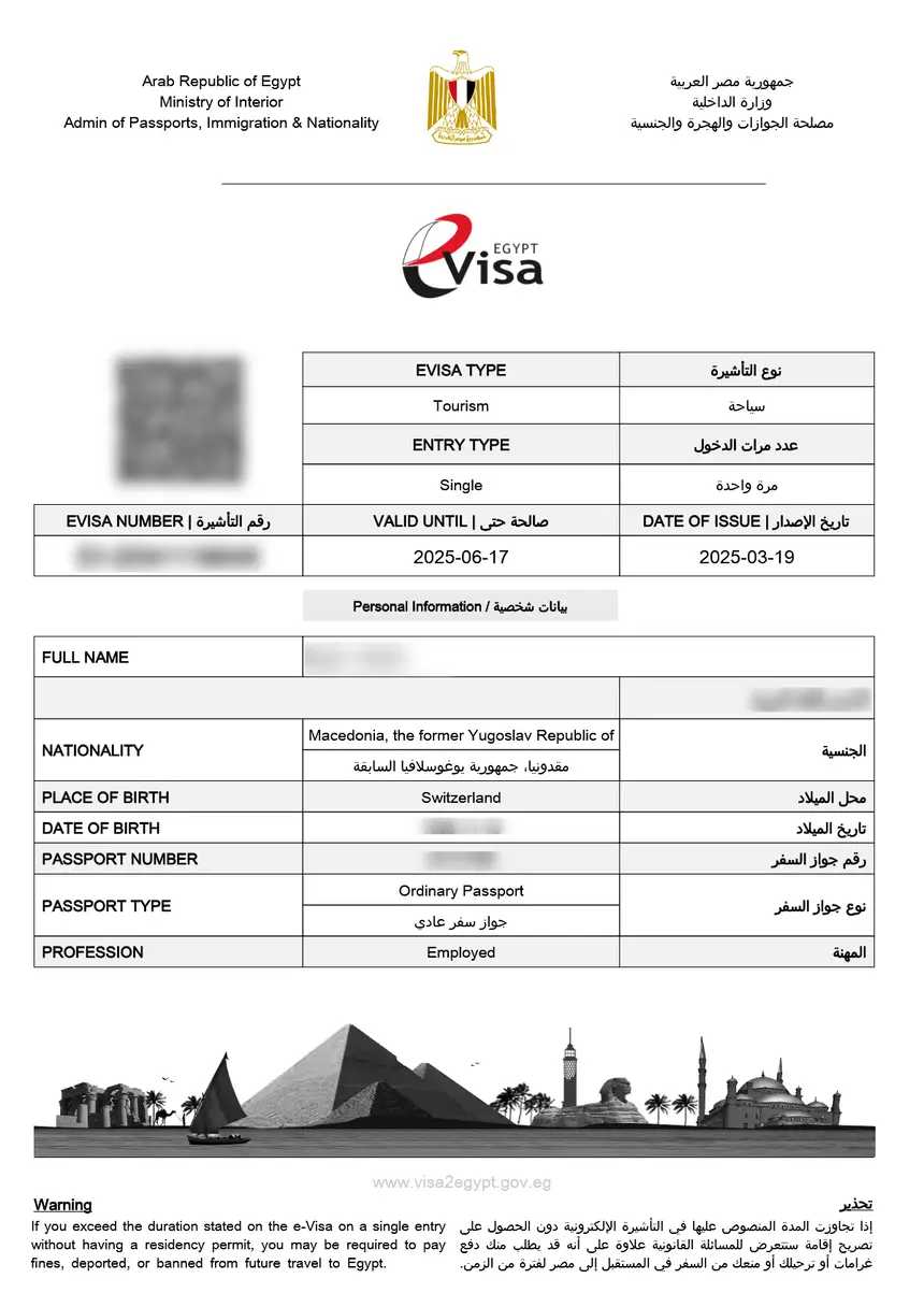 Egypt eVisa sample